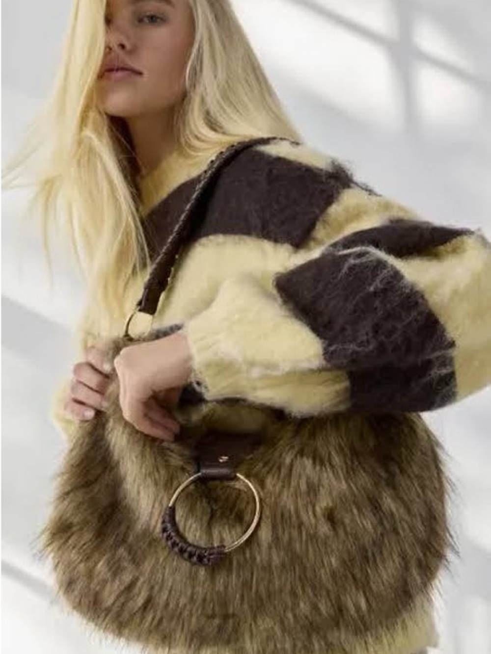 Urban Outfitters Brown Faux Fur Shoulder Bag with Gold Ring